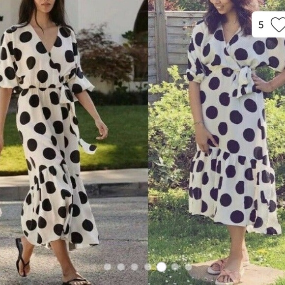 H&M LYOCELL BLACK WHITE SPOT BLOGGER WRAP DRESS XS - Picture 5 of 11
